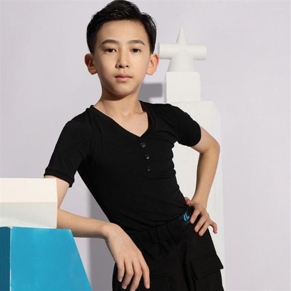 Vêtements de scène à manches courtes enfants hauts de danse latine professionnel col en V conception danse masculine t-shirt ventre salle de bal Tango robes2752