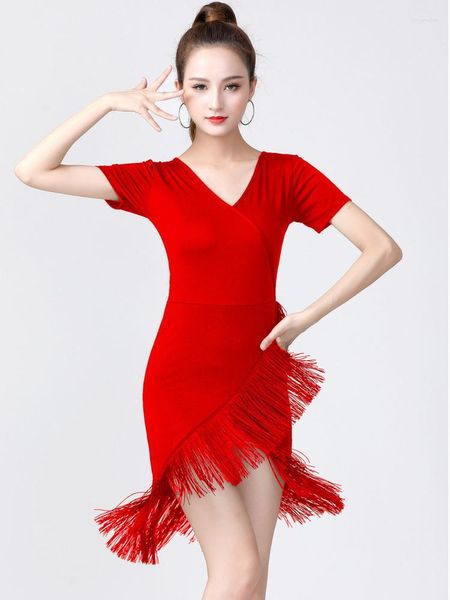 Vêtements de scène à manches courtes femme vêtements danse sport Costume femmes robe latine couleur unie Latino ventre glands femme vêtements Bandage