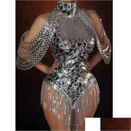 Stage Wear Sier Miroir Paillettes Gland Body Mini Robe Y Dos Nu Off Shoder Costume De Danse Discothèque Danseur Dj Chanteur Drop Livrer Dhoml