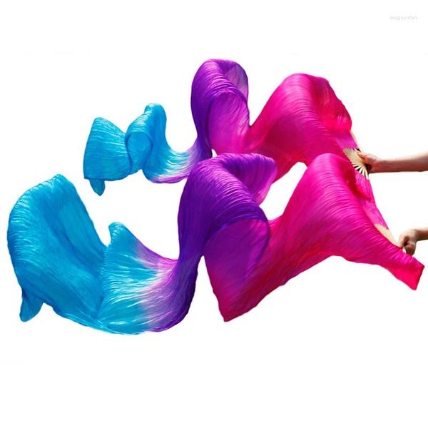 Vêtements de scène Fans de danse du ventre en soie teints à la main, accessoires de danse longs 180x90cm dégradé Rose violet Turquoise