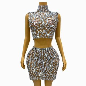 Stage Wear Argent Gros Strass Brillant Top Jupe Ensemble Sexy Cristaux Transparents Tenue Fête D'anniversaire Collections Xingguang