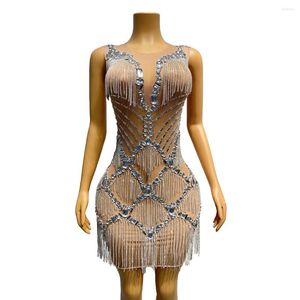 Stage Wear Cristaux d'argent Franges Strass Robe Sexy Transparent Costume Anniversaire Bal Célébrer Tenue Bar Soirée Danseuse Yinsha