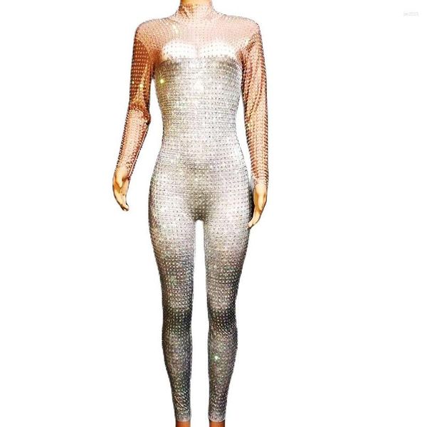 Vêtements de scène argent complet strass à manches longues combinaison brillant Costume femmes discothèque danse spectacle fête soirée barboteuses