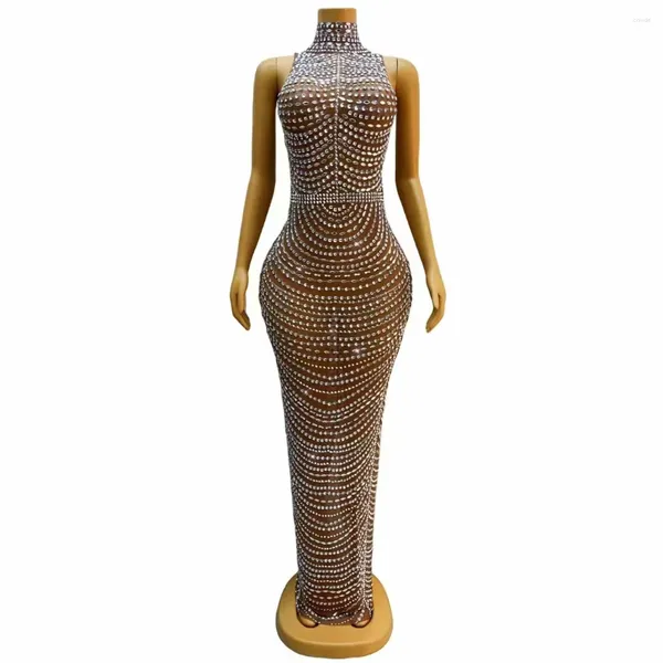 Stage Wear Silver Full Strass Mesh Prom Longue Robe Élégante Sexy Transparent Célébrer Soirée Soirée Chanteur Club Costume