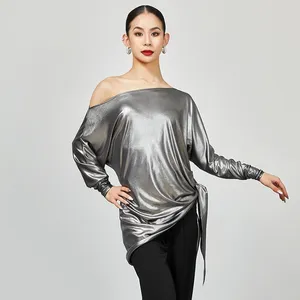 Stadiumkleding Zilver Latin Dance Tops Losse Oefening Rumba Samba Dancewear Dames Goud Off-Shoulder Ballroom Trainingskleding DL11480