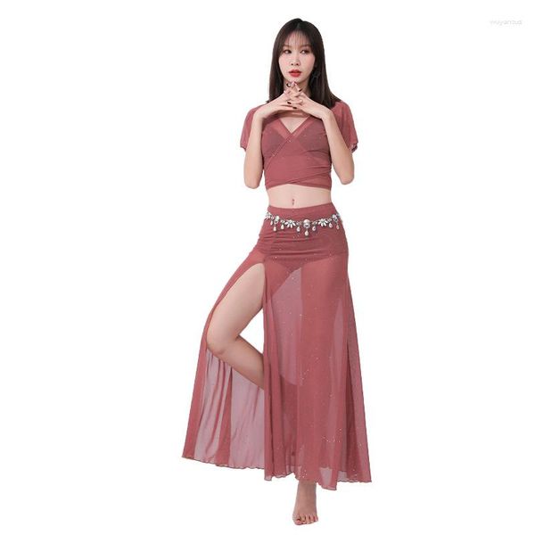 Desgaste de la etapa Traje de danza del vientre de malla plateada Mujeres 2 piezas Práctica oriental Ropa de baile delgada de manga corta Diseño de verano Rosa