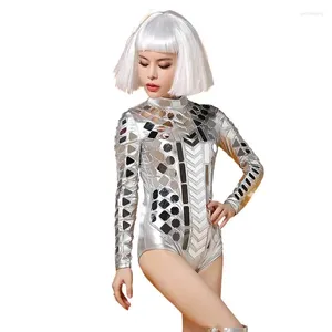 Stage Wear Silver Mirror Body Élastique Justaucorps Combinaison Sexy Femme Discothèque Bar Costume Vocal Concert DJ Danse Performance