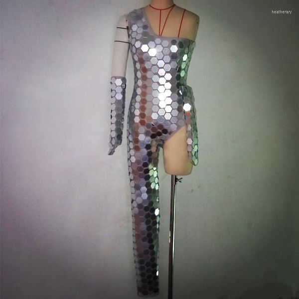 STAGE Wear Silver Mirror Sequins High Score One-leg Jumpsuit Men Women Femmes Suit Performance Performance Clothing Nightclub DNV12872