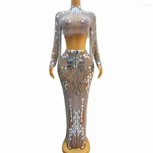 Stage Wear Silver Mirrors Strass Chaînes Robe 2pcs Ensemble Mesh Stretch Fête d'anniversaire Cristaux Franges Outfit Chanteur Performance Robes