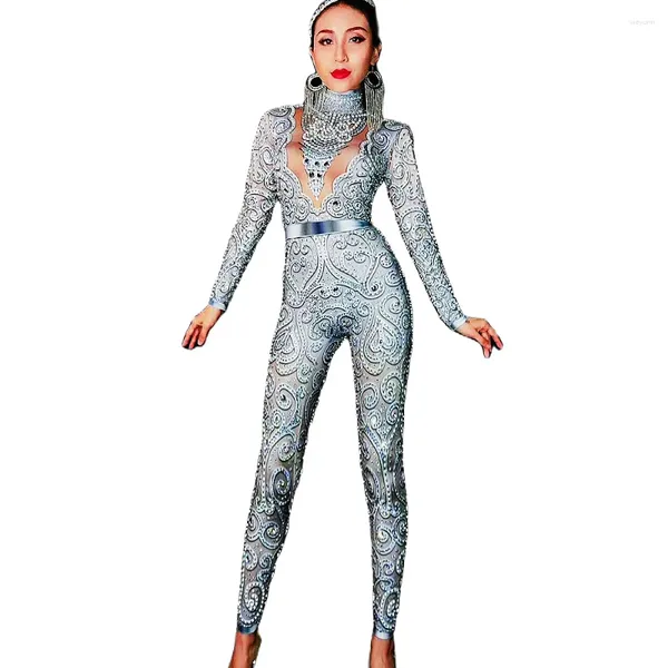 Stage Wear Argent Imprimer Femmes Manches longues Combinaisons Discothèque Pole Dancing Diamants brillants Skinny Stretch Soirée Costumes de bal