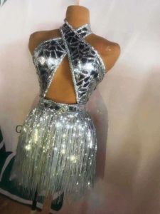 Stadiumkleding Zilver Glanzende Pailletten Kwastje Halter Backless Sexy Vrouwen Jurk Pole Jazz Latin Dans Kostuum Party Nachtclub Bar Kleding