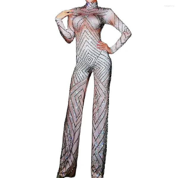 Stage Wear Argent Brillant Rayé Strass Combinaison Dos Nu Club Costume Pour Femmes Soirée Soirée Dames Bar Costumes De Danse