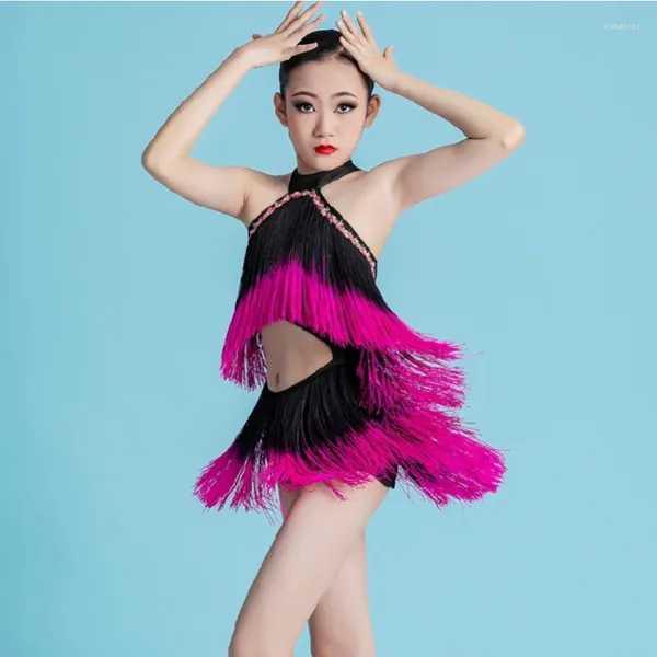 Etapa desgaste faldas niño salón de baile latino tango ropa de baile rosa negro flecos traje de baile niñas borlas vestido