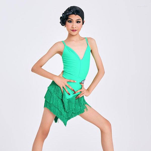 Etapa desgaste sin mangas verde vestido de baile latino niñas con flecos niños Rumba Samba Chacha práctica de salón SL8557