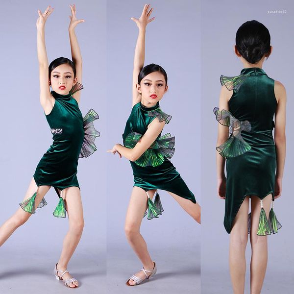 Vêtements de scène sans manches vert velours robe de danse latine filles danse irrégulière enfant robes de compétition de salle de bal XS5877