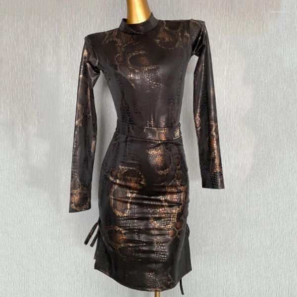 Etapa desgaste serpiente pluma ropa de baile latino mujeres mangas largas tops falda negra rendimiento traje club vestido de fiesta DNV19513