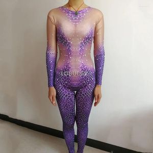 Stadiumkleding Slangpatroon Afdrukken Strakke Jumpsuit Paars Sexy Kristallen Turnpakje Nachtclub Bar DJ Paaldansen Cosplay Kostuum