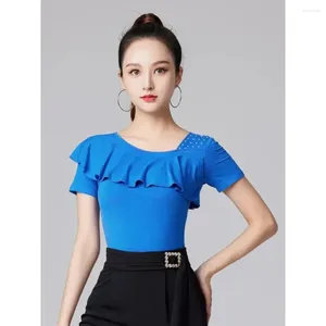 Stage Wear Solid Color Latin Dance Kostuum Evening Tops Tango Jazz Rhinestones Waltz 2024 Belly Woman Short Sleeve Ruffle T-Shirt