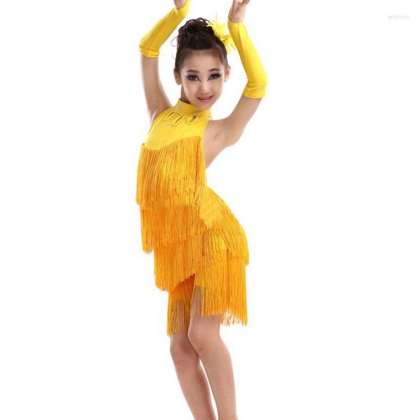 Robe de danse à pompons solides pour filles, Costume de fête Salsa latine, tenue de Performance de 4 à 11 ans