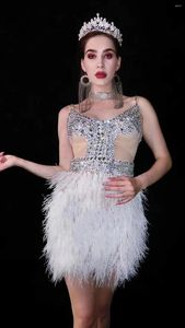 Stage Wear Spaghetti Brillant Strass Cristal Blanc Gland Robe Sexy Pour Femmes Bal Danse Vêtements Discothèque Chanteur Costume