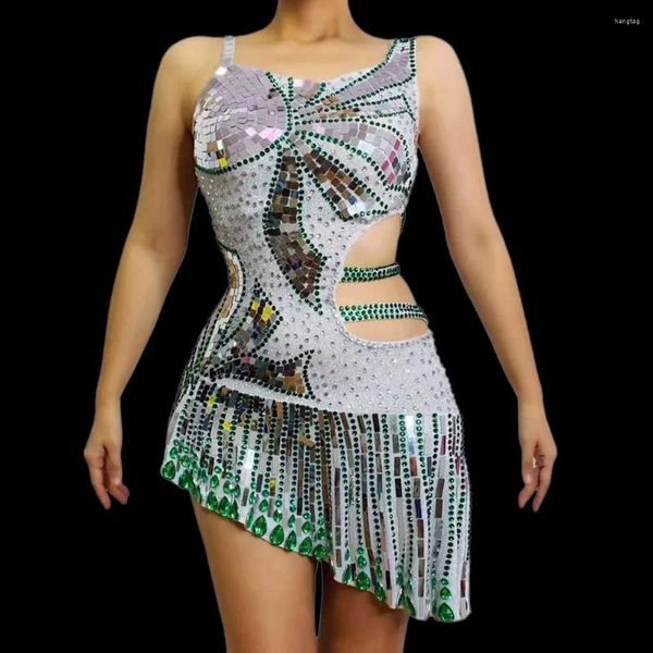 Stage Wear Spaghetti Sangle Brillant Miroir Paillettes Strass Vert Creux Out Robe Sexy Pour Femmes Party Club Vêtements De Danse De Bal Porte