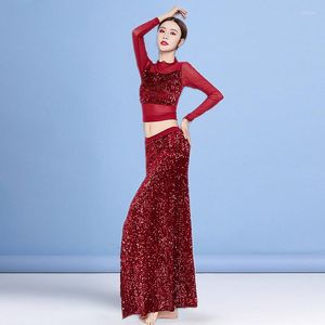 Stage Wear Sparkle Fashion Autumn Winter Class Women Dance Elegant Outfit Pailletten Buikkostuumset Mesh Top Lange rok