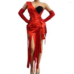 Stage Wear Sparkling Black Diamond Red Tassel Bodysuit Crystal Handschoenen Een schouder V-hals Sknny Vrouwen Jumpsuit Verjaardagsfeestje Outfit