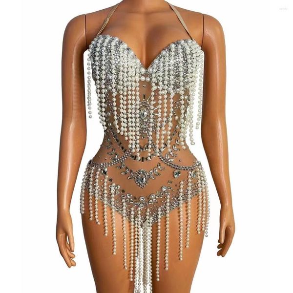 Vêtements de scène cristal étincelant Sexy maille bustier tubulaire fronde dames robe mode perle gland femmes fête discothèque danse Costumes