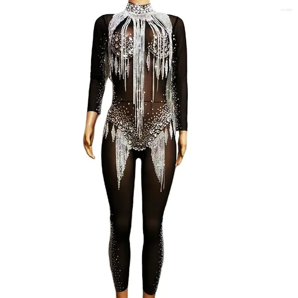 Stage Wear Sparkling Diamonds Femmes Argent Franges Combinaison Discothèque Pole Dance Costume Soirée Bal Mesh Voir À Travers Célébrer