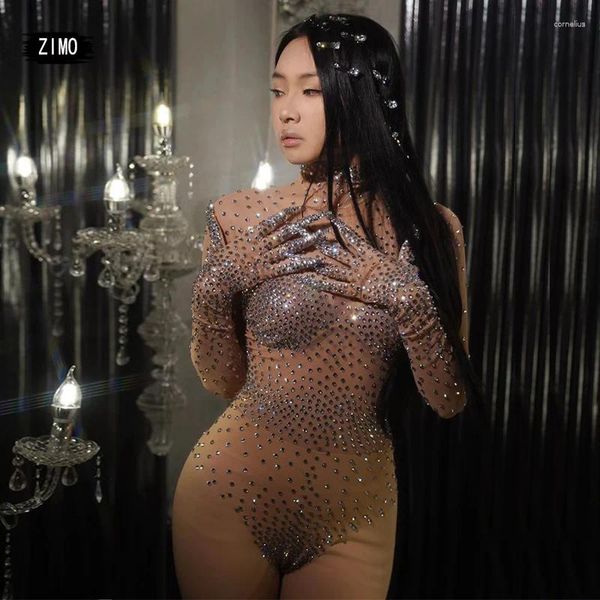 Stage Wear Sparkling Strass Crystal Dance Combinaison Femmes Sexy Performance Costume Party Ball DJ Bar Discothèque Spectacle Collants