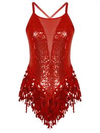 Podiumkleding Sprankelende pailletten Latin Jazz Dance Turnpakje Body's Jumpsuits met franjes voor dames voor prestatiekostuums