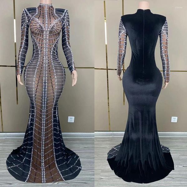 Escenario desgaste brillante terciopelo negro diamantes de imitación vestidos de noche mujeres fiesta celebrar vestido traje de boda traje de rendimiento XS7454