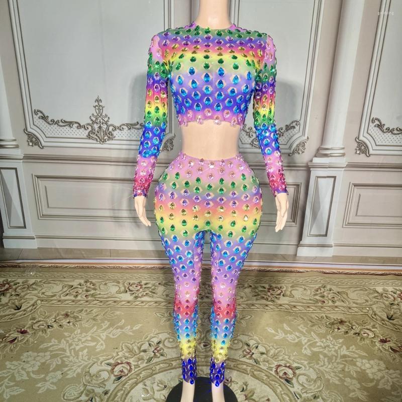 Stage Wear Sparkly Colorful Crystals Long Sleeve Crop Top Pants Two Pieces Sexy Birthday Celebrate Outfit Leggings Dance Costume