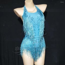 Stage Wear Cristaux Sparkly Fringe Body DJ Jazz Dance Costume avec strass Performance Discothèque Show Justaucorps Femmes Outfit