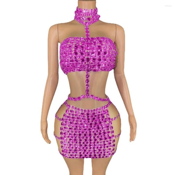 Stage Wear Sparkly Diamonds Halter Crop Tops Jupe courte Costume Femmes Sexy Soirée Soirée Robe d'anniversaire Costume de danse Performance