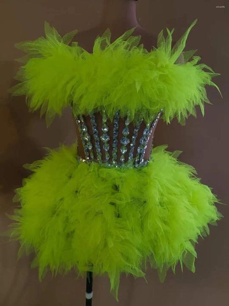 Escenario desgaste brillante fluorescente verde lentejuelas vestido de diamantes de imitación para las mujeres fiesta animadora espectáculo rendimiento traje de baile traje de club nocturno