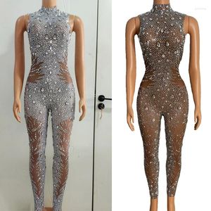 Stage Wear Sparkly Full Argent Strass Combinaison Sexy Perspective Gogo Dance Costume Femmes Soirée Tenue Rave XS7582