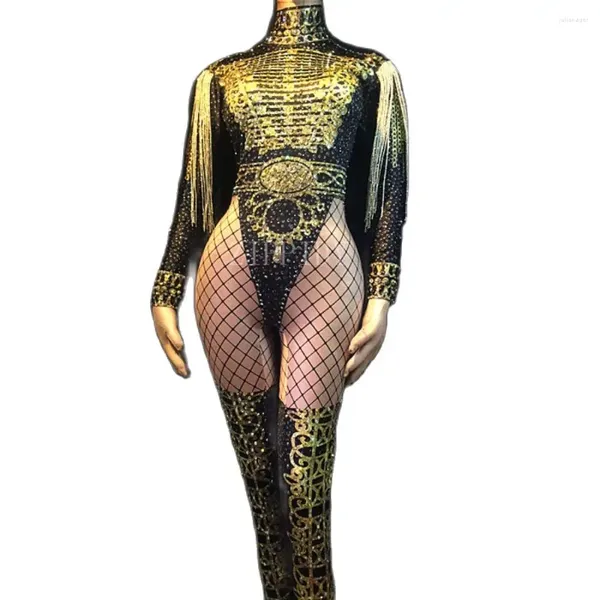 Stage Wear Sparkly Gold Franges Epaulet Strass Combinaison Femmes Jazz Dance Stretch Body Outfit Soirée Spectacle Costume D'une Seule Pièce