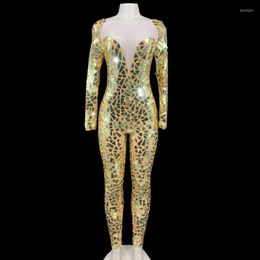 Stage Wear Sparkly Gold Mirrors transparante jumpsuit Women Birthday Celebrate Prom Party Outfit Female Club Bar Dance Rompers kostuum