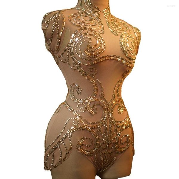 Wearging Scarkly Gold Rhingestones Bodys pour femmes Mesh sexy Voir à travers la tenue de danse Performance Costume Singer Dancer Show