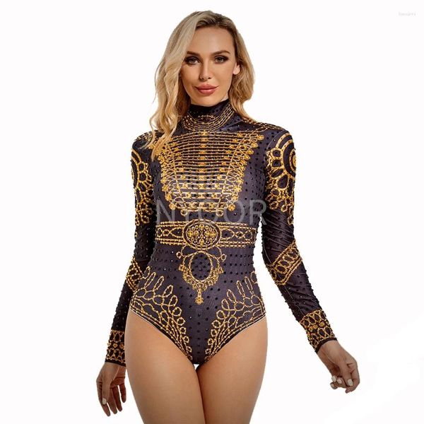 Stage Wear Sparkly Gold Strass Body à manches longues Chanteuse Performance Justaucorps One Piece Costume de danse Rave Tenues