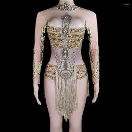 Stage Wear Sparkly Gold Rhinestones Tassel Bodysuit Women Performance Dance Costume Show Club Outfit Sexy Dancer Tuchard