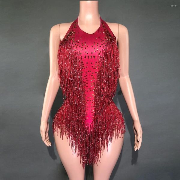 Stage Wear Sparkly Gold Strass Vin Rouge Franges Body Femmes Discothèque Outfit Performance Costume De Danse Une Seule Pièce Justaucorps