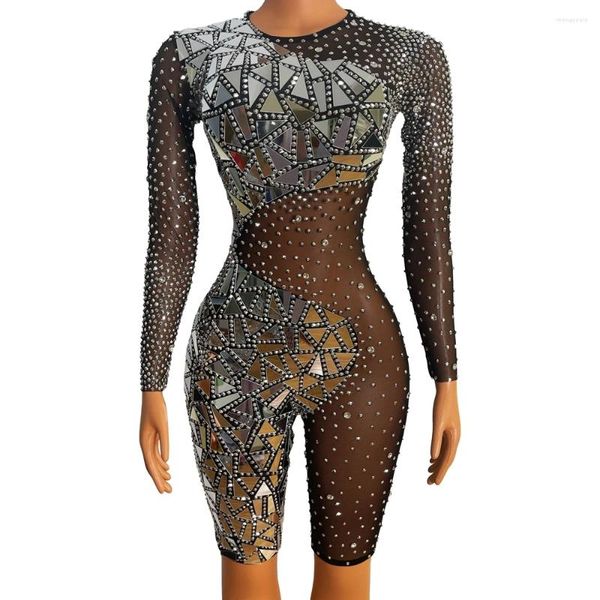 Stage Wear Sparkly Miroirs Argent Strass Noir Mesh Body Femmes Soirée Fête D'anniversaire Tenue Sexy Performance Costume De Danse