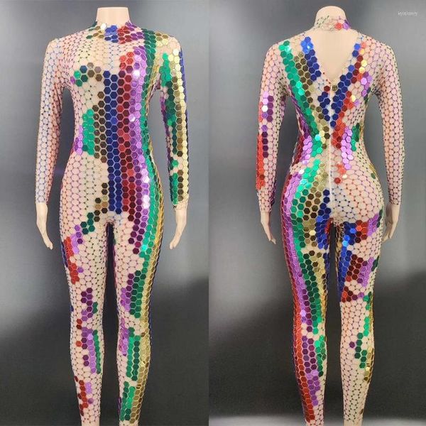 Desgaste de la etapa Sparkly Multi-Color Mirror Reflective Sequin Monos Sknny Elástico Mujeres Bodysuits Ladies Nightclub Performance Outfit