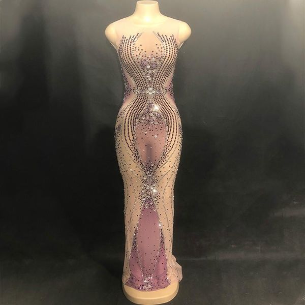 Stage Wear Sparkly Purple Rhinestones Women's Mesh Long Dress Birthday Party Evening Dance Outfit See Through Prom Célébrer DressesSta