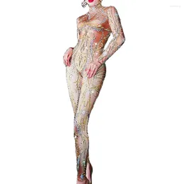 Stage Wear Sparkly Rhiestones Stampa floreale Tuta da donna Manica lunga Stretch Tute attillate Discoteca Dance Pole Dance Outfit
