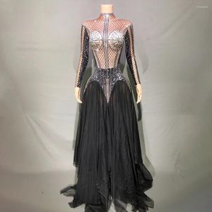 Robe longue en maille noire avec strass scintillants pour femmes, Costume de spectacle, tenue de Festival, boîte de nuit