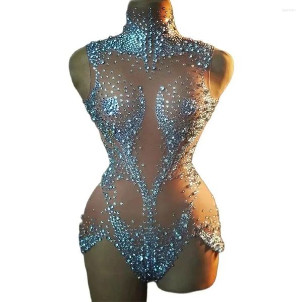 Stage Wear Rhinestones Bodysuit for Women Sexy Mesh See a través del traje de baile Dispertive Costume Singer Dancer Show