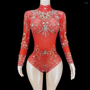 Stage Wear Sparkly Rhinestones Dance Tuchard Sexy Mesh transparante lange mouw Bodysuit Party Night Outfit Women Performance